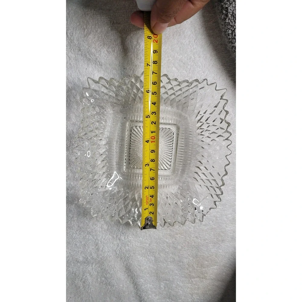 Vintage Clear Pressed Glass Square Diamond Point Sawtooth Rim Candy Bowl 7.5in